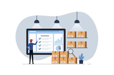 Inventory control by online system, inventory management with goods demand, professional worker is checking goods and stock supply