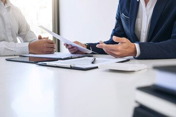 Agent man presentation and consulting car insurance detail to customer and waiting for his reply to finish